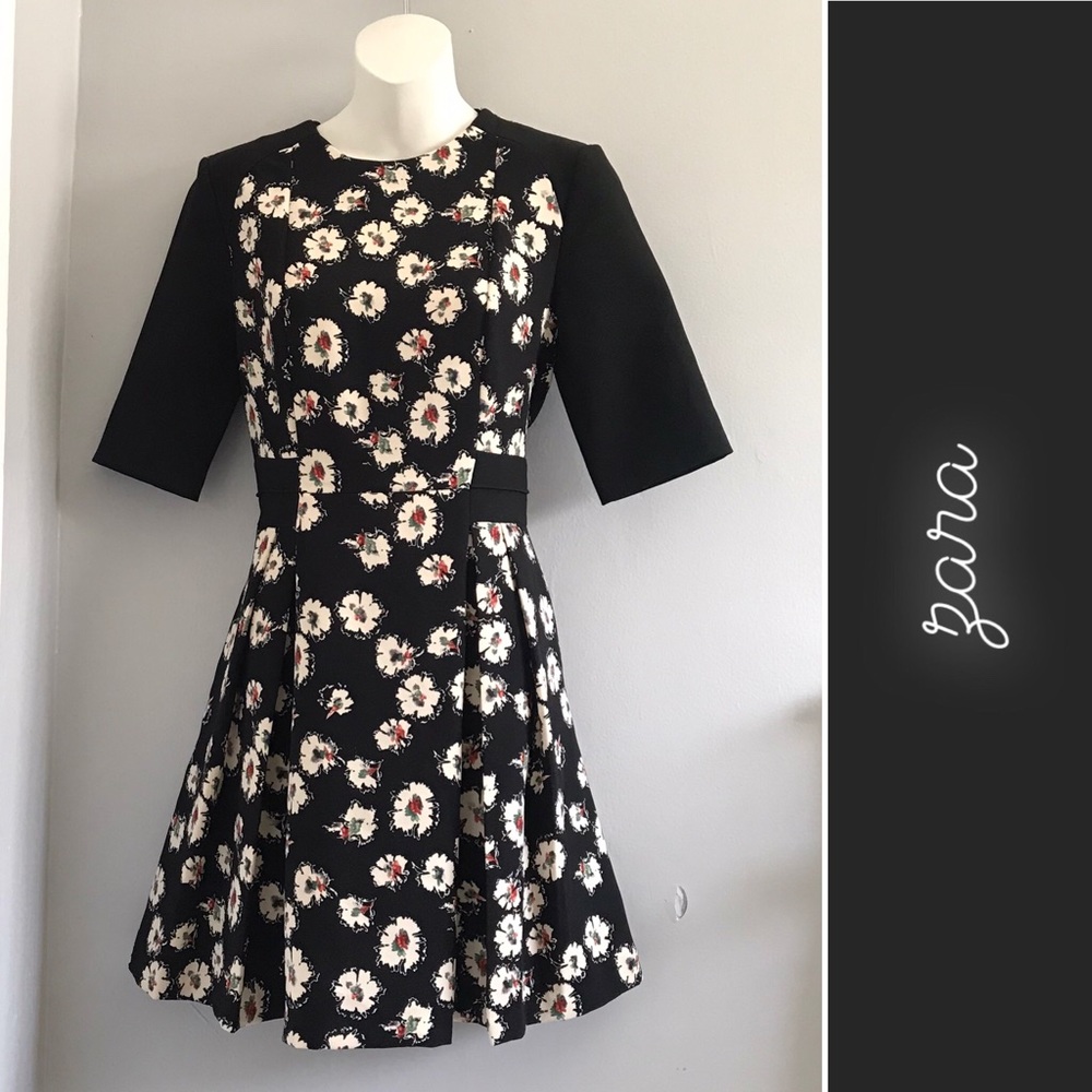 Zara Floral Block Fit & Flare Dress in Black • S